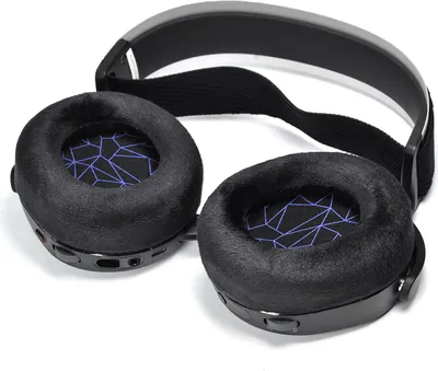 A close-up studio shot of a pair of black headphones with blue accents on a white background.