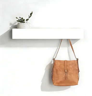 Productafbeelding van Wandgarderobe met opbergruimte, verborgen wandhaken, 43,5 cm lange haken, witte wandgarderobe met 5 haken, geschikt voor woonkamer, hal en slaapkamer