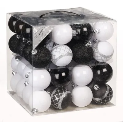 Produktbild von 64x Kunststoff Christbaumkugeln Ø 6cm Kugel Box Glanz Glitzer Matt Dekor Inge inkl. Aufhänger, Farbe:Schwarz-Weiß