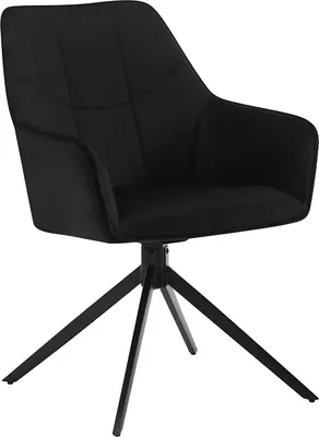 A black upholstered chair with a swivel base.