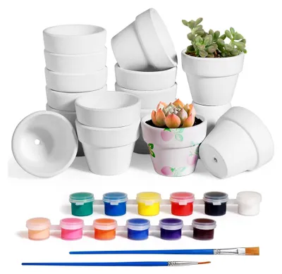Produktbild von 16 Stück Weiße Mini Blumentöpfe 3 x 5cm, Kleine Tontöpfe mit Farben & Pinsel, Terrakotta-Optik für Sukkulenten, Kräuter, DIY, Wiederverwendbar für Innen- und Außenbereich (3 x 5 cm)