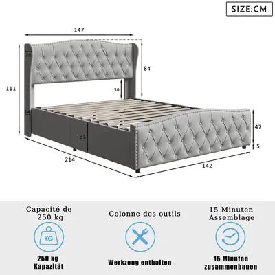 Zdjęcie produktu dla Łóżko - Stelaż łóżka - Łóżko dwuosobowe - Łóżko tapicerowane - Łóżko z pojemnikiem - Welur, jasnoszary - 140x200 cm, stelaż z listew