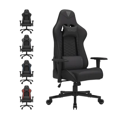 A main image of a gaming chair with smaller images of different color variations of the same chair arranged on the left.
