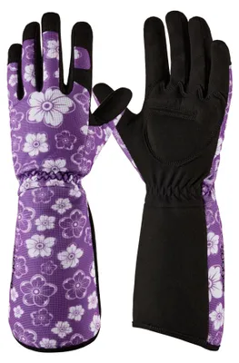Image de Gants de jardinage pour femme, résistants aux épines et aux piqûres, motif roses, en similicuir avec poignets longs, violets (1 paire, taille M)