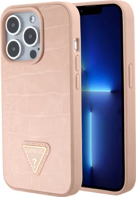 Obrázok produktu pre Guess puzdro s krokodílím vzorom a kovovým trojuholníkovým logom na iPhone 15 Pro (GUHCP15LPCRTHCP) - ružové