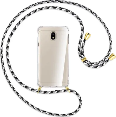 Produktbild von Handykette Backcover-Schutzhülle mit Band (Metall goldfarben) für Samsung Galaxy J3 2017 - schwarz/grau/weiß