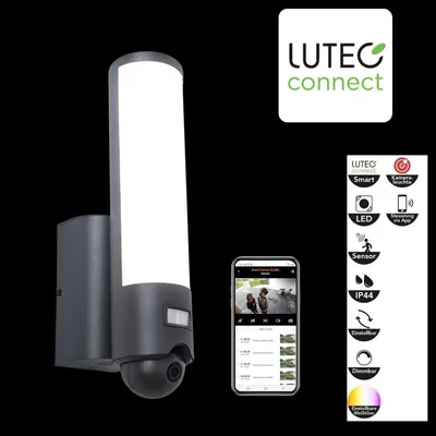 A wall-mounted outdoor light with an integrated camera and motion sensor, shown with a smartphone displaying the camera feed and a graphic detailing its features.