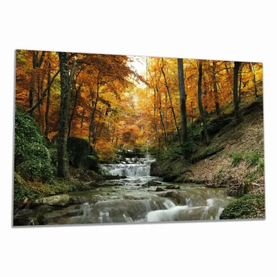 Produktbild von Wallario Herdabdeckplatte aus Glas, Größe 80 x 52 cm 2-teilig, Motiv Kleiner Bach über Steine im Herbstwald