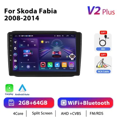 Zdjęcie produktu dla Do Skody Fabii 2008–2014 – radio samochodowe 2-DIN z systemem Android 10 – ekran dotykowy 25,4 cm – CarPlay – nawigacja GPS – RDS – tryb podzielonego ekranu – 2+64 GB