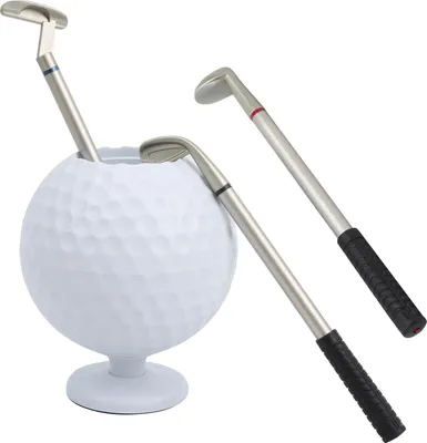 Zdjęcie produktu dla Mini biurkowy uchwyt na długopisy w kształcie piłki golfowej z 3 długopisami w kształcie kijów golfowych Plastikowy zestaw upominkowy dla golfisty