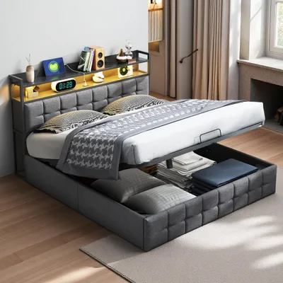 Image de ProximaX Lit rembourré 140x190 cm avec éclairage LED & connexion USB - Lit avec vérin à gaz & grand espace de rangement - Design moderne, Tissu gris, Lit avec sommier à lattes