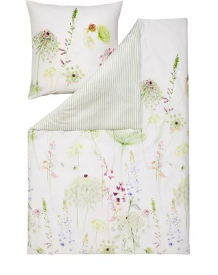 A flat lay of a duvet cover and pillowcase with a floral meadow print.