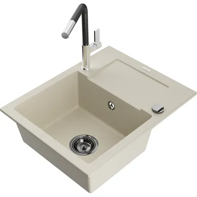 Obrázek produktu pro Mexen Enzo 1-miskový granitový dřez s odkapávačem a kuchyňskou baterií Flora, Béžová - 6506-69-670401-07-B