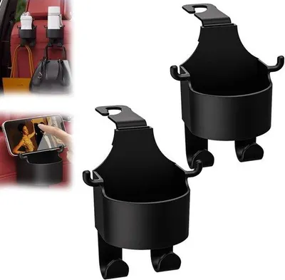 Immagine prodotto di Gancio per seggiolino auto - Set da 2 pezzi - Portabicchieri e gancio - Combinazione per il sedile posteriore - Nero
