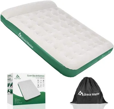 Produktbild von Luftbett mit Kissen pumpefähig - 203 x 152 x 28 cm - Wasserdichtes Luftmatratzenbett mit Transporttasche - Grün
