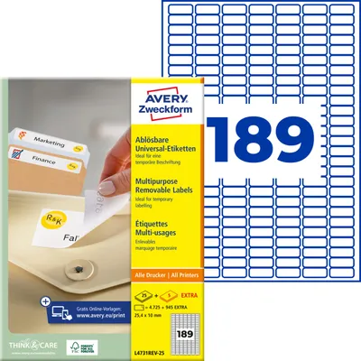 Produktbild von Avery Zweckform L4731REV-25, Universal-Etiketten, ablösbar, A4, 25,4 x 10 mm, 5.670 Etiketten / 30 Bögen, weiß