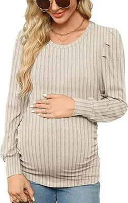 Immagine prodotto di Maglia premaman traspirante - Maglia per l'allattamento - Maniche lunghe - Scollo rotondo - Pieghe elastiche - Tessuto confortevole - Top premaman