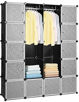 Produktbild von Clanmacy 20 Wuerfel DIY  schrank regalsystem Kleiderschrank kleiderschränke Offen Kunststoff Garderobe mit Tueren Garderobenschrank Schwarz 180 * 142 * 37CM