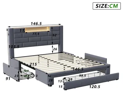 Productafbeelding van Gestoffeerd bed - Tweepersoonsbed 140 x 200 cm - LED-hoofdeinde - 3 lades - Opbergruimte - Fluweel - Grijs
