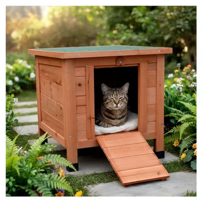 Produktbild von Wetterfestes Holz Katzenhaus für den Außenbereich | 42x43x50 cm Tierhaus mit Klappdach, Rampe, Fichtenholz-Korpus | Katzenhütte/Hasenstall/Igelhaus | Erhöhte Füße, leicht zu reinigen