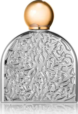 A perfume bottle with a silver, ornate design and a gold cap.