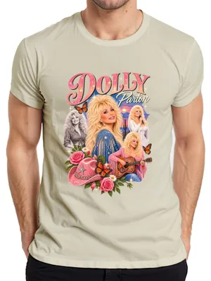 Immagine prodotto di T-shirt da uomo, stile retrò, con la scritta "Dolly Parton", cantante di musica country, immagine di una cowgirl e una chitarra western. Taglia: M