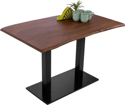 Produktbild von Bistrotisch Baumkante massiv 120 x 70 cm Akazie nussbaumfarben Doppelsäulengestell schwarz ISLA
