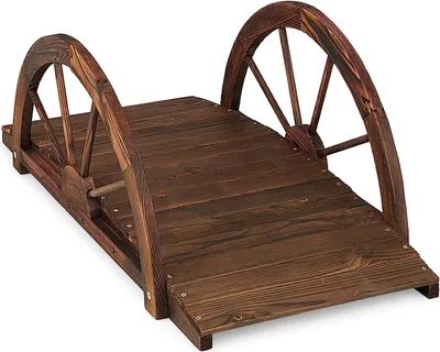 Produktbild von GOPLUS 101,5 cm Lange Gartenbrücke aus Holz, gebeizte Bogenbrücke aus Tannenholz mit radförmigem Sicherheitsgeländer, rustikale Außendekoration, Braun