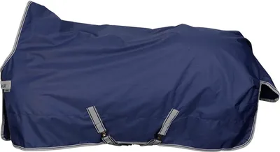 A navy blue horse blanket with silver trim and straps, laid out on a white background.