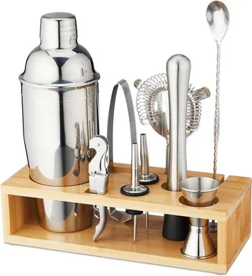 Produktbild von Famanu Cocktailset mit Halter und 10-teiligem Barkeeper-Set - Silber-Natur