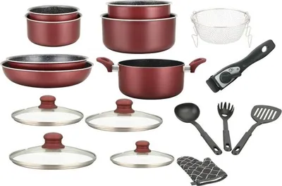 Immagine prodotto di Herzberg HG-8055: Set di pentole da 17 pezzi con rivestimento in marmo e manico rimovibile, color bordeaux