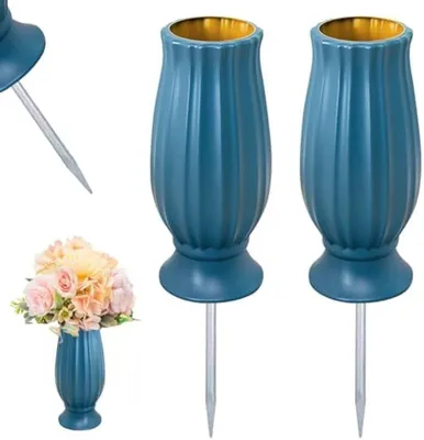 Produktbild von PromoHome® Grablicht-Set aus 2 – Wetterbeständiger Blumenhalter mit Erdspieß, Blau, 20 cm