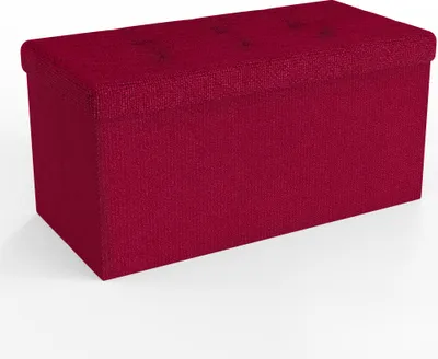 A red storage ottoman is shown against a white background.