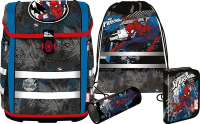 A collection of school supplies featuring a Spider-Man theme.