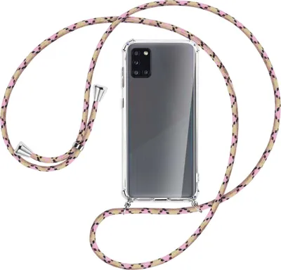 Produktbild von Handykette Backcover-Schutzhülle mit Band (Metall silberfarben) für Samsung Galaxy A31 - rosa Karo