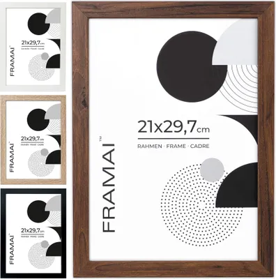 Produktbild von FRAMAI® Bilderrahmen 21x29,7 Braun MDF Umweltfreundlichem Rahmen mit Bruchsicheren Plexi, Aufhänger und Aufsteller