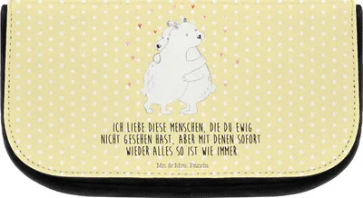 Produktbild von Mr. & Mrs. Panda Kulturbeutel Eisbär Umarmen - Gelb Pastell - Geschenk, Kosmetiktasche, Make-up Organizer, kulturtäschchen, Kulturtasche, Lustige Sprüche, Schminkbeutel
