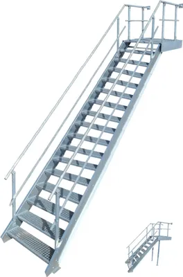 A galvanized steel staircase with a platform and handrails, shown against a white background. A smaller, similar staircase is visible in the bottom right corner.