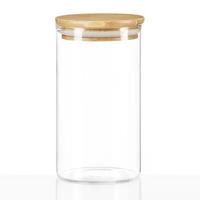 Produktbild von Dimono Vorratsglas mit Bambusdeckel Größe M (9x15 cm) - Runde Vorratsdose aus Borosilikatglas, luftdicht für Lebensmittel Aufbewahrung