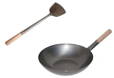 Produktbild von WOK SET, 36FB-S04, Wok Pfanne 36 cm Ø flacher Boden Kohlenstoffstahl + Spahtel Edelstahl 43 cm lang mit Holzgriff