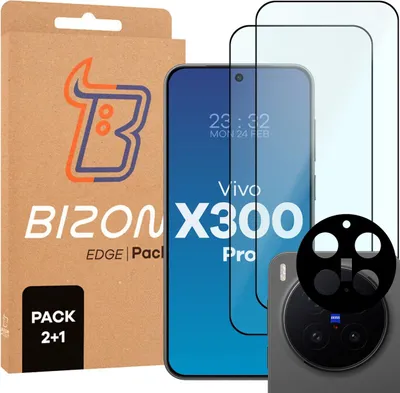 Produktbild von Gehärtetes Glas - 2 Stück + Kameraschutz für Vivo X300 Pro, Bizon Glass Edge Pack, Schwarz