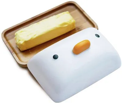 Image de Récipient à beurre en forme de canard, en céramique et bambou, 18 x 10 cm