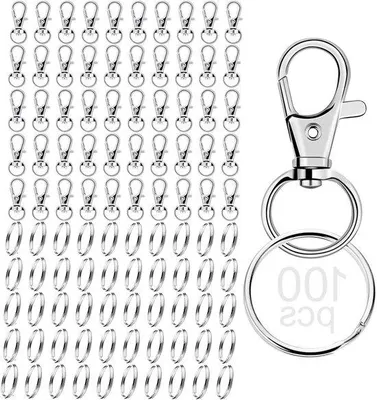 Productafbeelding van Set sleutelhangers voor auto's - 100 stuks - Doe-het-zelf set met karabijnhaakjes en sleutelhangers - Zilverkleurig - Praktische set met 50 karabijnhaakjes en 50 hangers
