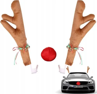 A product image showing a set of reindeer antlers and a red nose for car decoration, with a car shown in the background with the product installed.