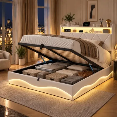 Imagen del producto de INONEFT, cama tapizada de matrimonio, 160x200 cm, con iluminación LED, con puertos USB, cabecero con estanterías y espacio de almacenamiento oculto, estructura de cama con somier, tapizada en terciopelo, color beige