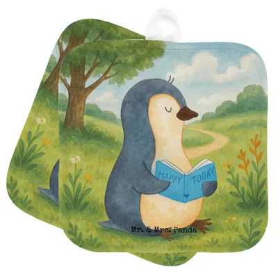 Produktbild von Mr. & Mrs. Panda Topflappen Pinguin Buch Design - Weiß - Geschenk, Topfuntersetzer, Set, Pinguine, topfhalter, Ausruhen, Nichtstun, Ofenlappen, Urlaub, Kochlappen