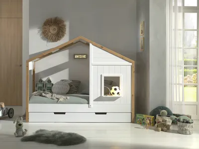 Produktbild von Vipack Landhausbett BABS mit Liegefläche 90 x 200 cm, inkl. Lattenrost und Bettschublade, Ausf. teilmassiv Kiefer, Farbe Oak/Weiß