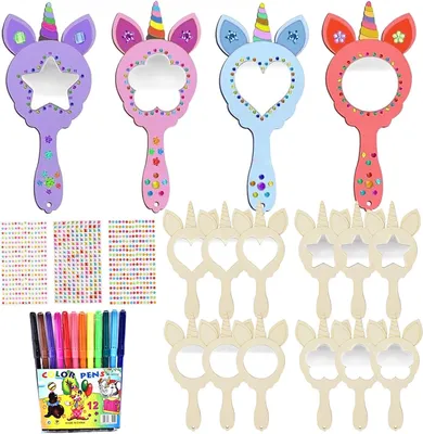 Productafbeelding van Prinsesspiegel van Hout, 12-delige Licorne om in Hand te Houden, DIY voor Kinderen om te Schilderen en te Versieren