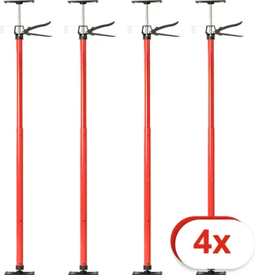 Four red adjustable support poles are arranged in a row against a white background.
