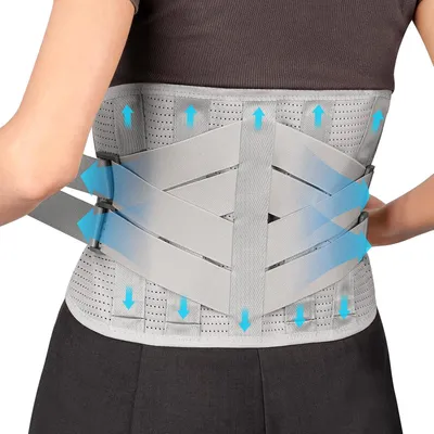 Produktbild von Rückenstützgürtel Herren und Damen mit 7 Metallstützen, Atmungsaktive Rückenbandage zur unteren Rücken, Rückengurt Rückenbandage für Skoliose & Ischias Schmerzlinderung (Grau, S-M)